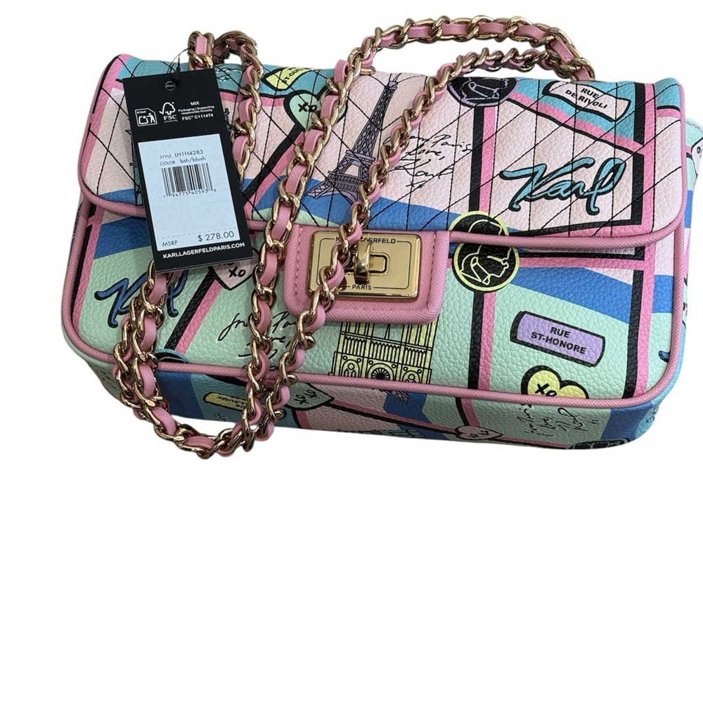 Karl Lagerfeld Pastel Multi-Color Quilted Shoulder Bag with Gold Chain